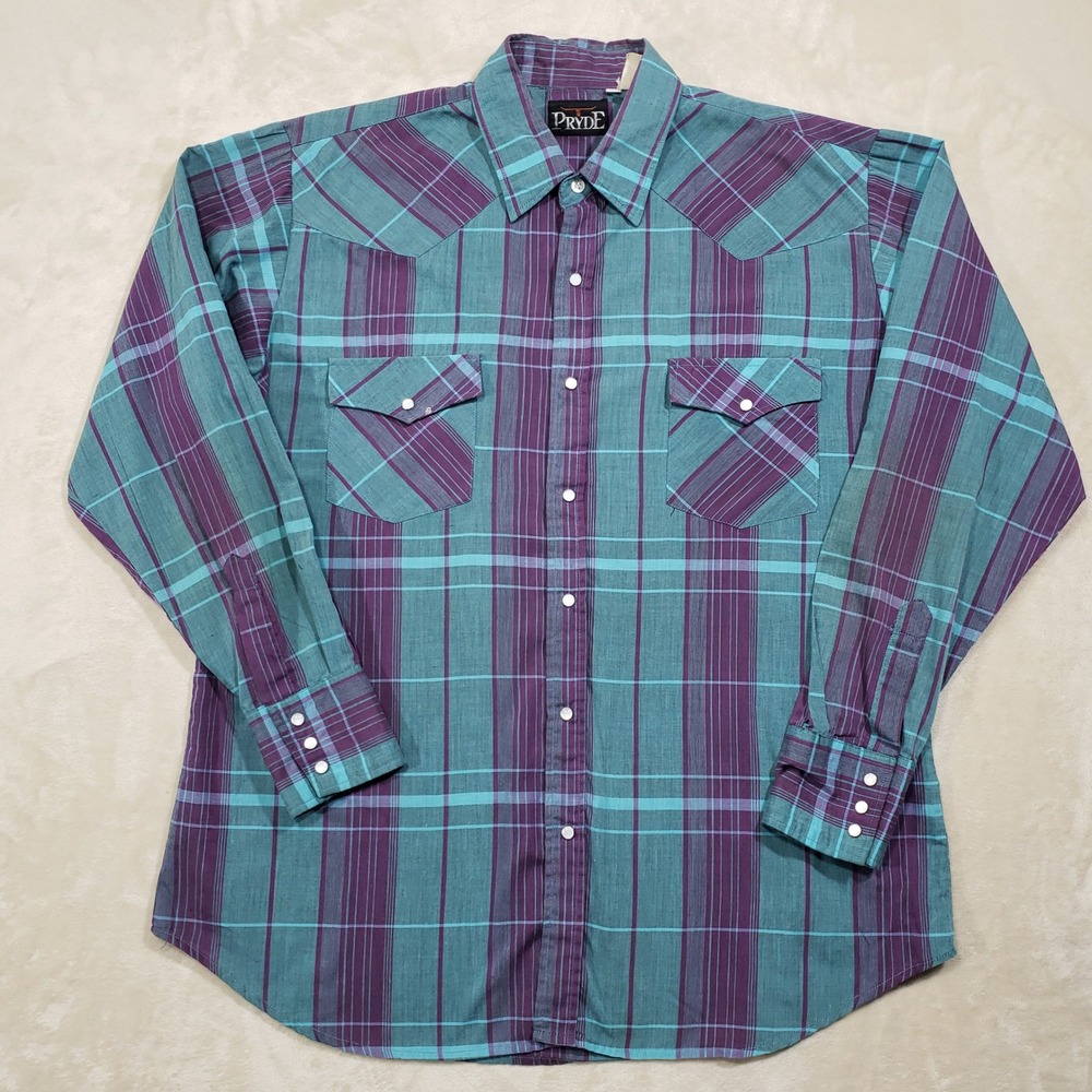 Pryde Western Shirt Mens Large Teal Purple Plaid Pearl Snap Long Sleeve Cowboy